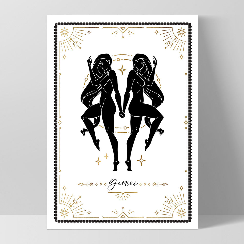 Gemini Star Sign | Tarot Card Style (faux look foil) - Art Print, Poster, Stretched Canvas, or Framed Wall Art Print, shown as a stretched canvas or poster without a frame