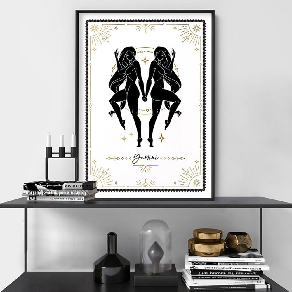 Gemini Star Sign | Tarot Card Style (faux look foil) - Art Print, Poster, Stretched Canvas or Framed Wall Art Prints, shown framed in a room