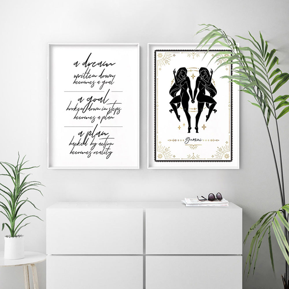 Gemini Star Sign | Tarot Card Style (faux look foil) - Art Print, Poster, Stretched Canvas or Framed Wall Art, shown framed in a home interior space