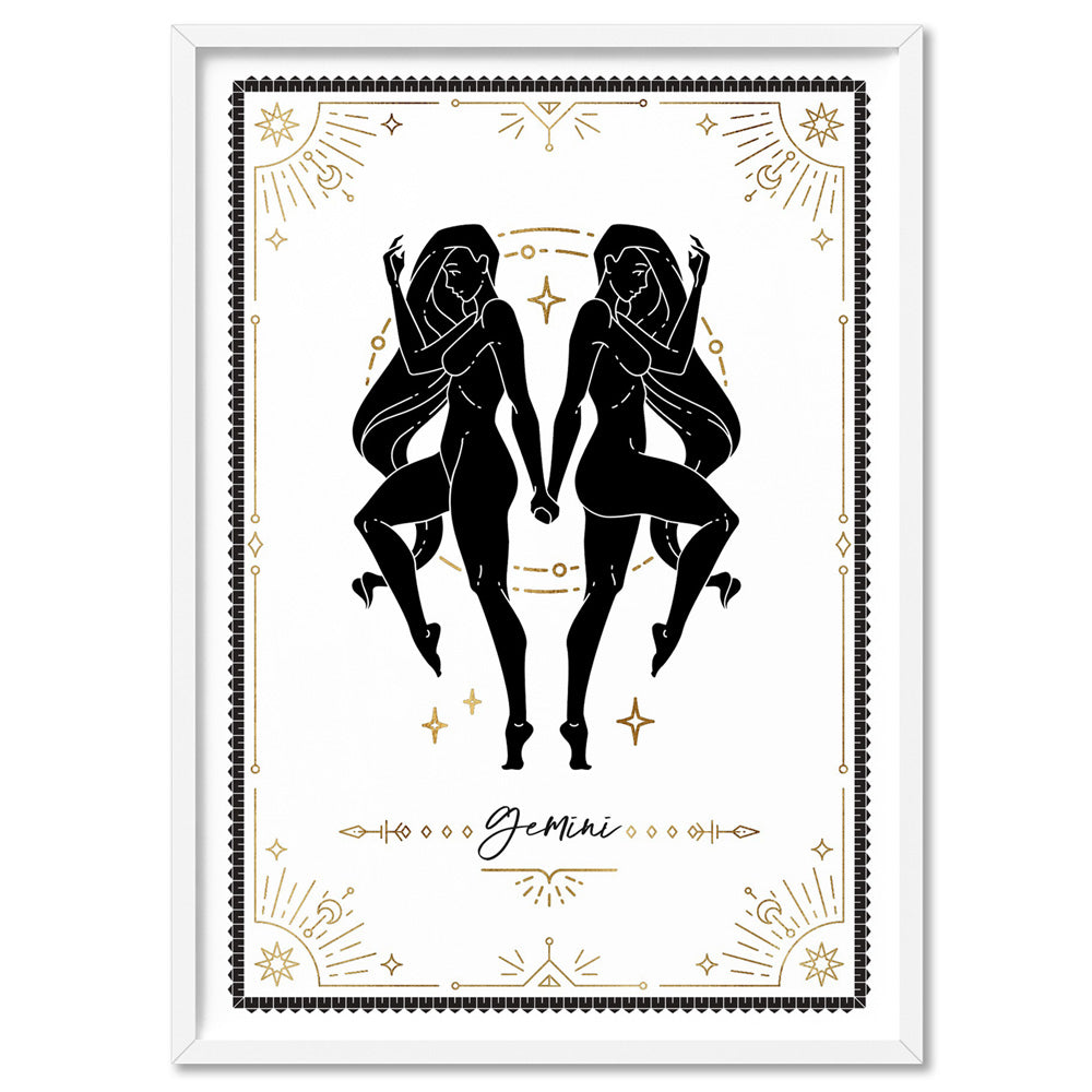Gemini Star Sign | Tarot Card Style (faux look foil) - Art Print, Poster, Stretched Canvas, or Framed Wall Art Print, shown in a white frame