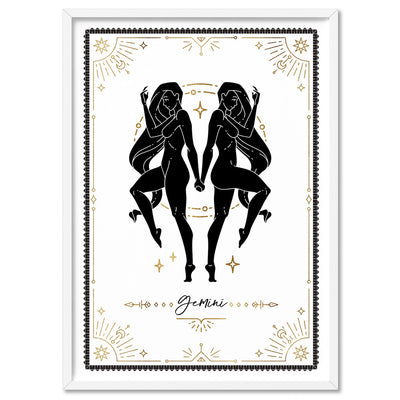 Gemini Star Sign | Tarot Card Style (faux look foil) - Art Print, Poster, Stretched Canvas, or Framed Wall Art Print, shown in a white frame