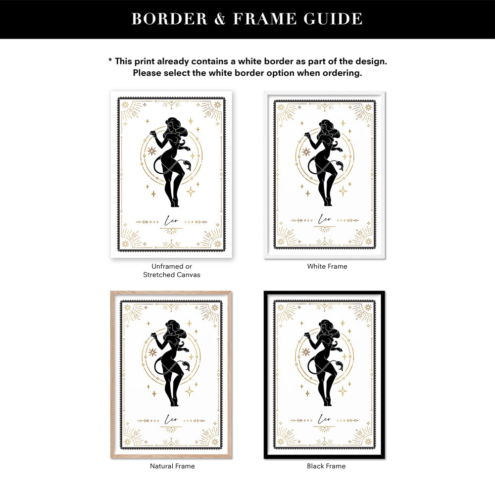 Leo Star Sign | Tarot Card Style (faux look foil) - Art Print, Poster, Stretched Canvas or Framed Wall Art, Showing White , Black, Natural Frame Colours, No Frame (Unframed) or Stretched Canvas, and With or Without White Borders