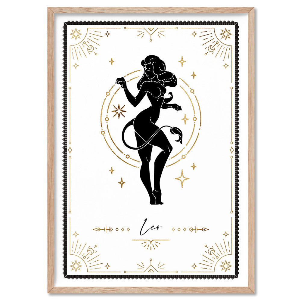 Leo Star Sign | Tarot Card Style (faux look foil) - Art Print, Poster, Stretched Canvas, or Framed Wall Art Print, shown in a natural timber frame