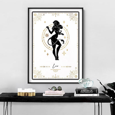 Leo Star Sign | Tarot Card Style (faux look foil) - Art Print, Poster, Stretched Canvas or Framed Wall Art Prints, shown framed in a room