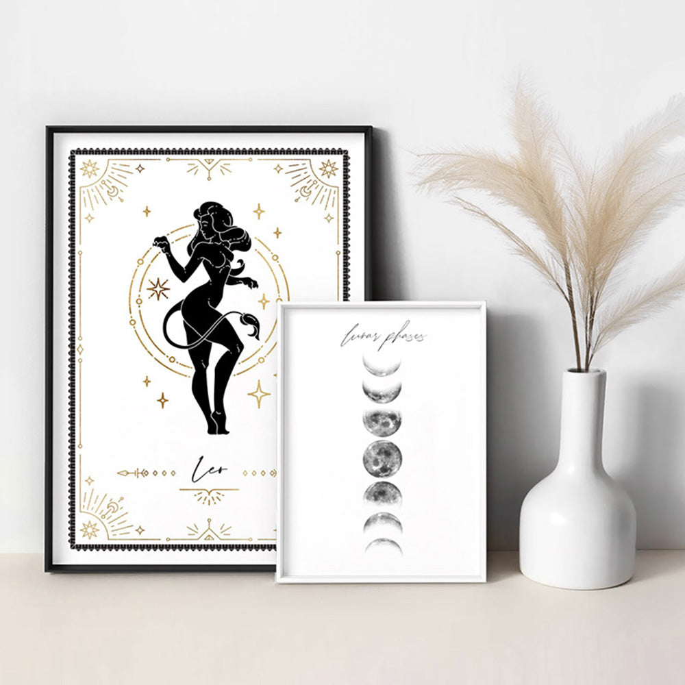 Leo Star Sign | Tarot Card Style (faux look foil) - Art Print, Poster, Stretched Canvas or Framed Wall Art, shown framed in a home interior space