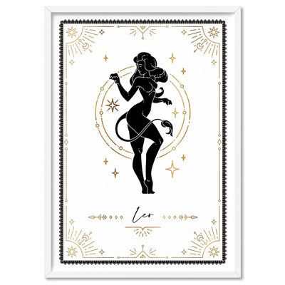 Leo Star Sign | Tarot Card Style (faux look foil) - Art Print, Poster, Stretched Canvas, or Framed Wall Art Print, shown in a white frame