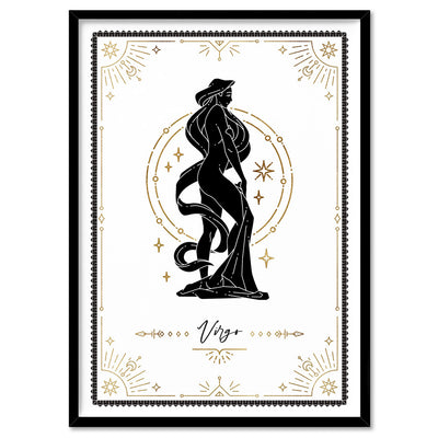 Virgo Star Sign | Tarot Card Style (faux look foil) - Art Print, Poster, Stretched Canvas, or Framed Wall Art Print, shown in a black frame