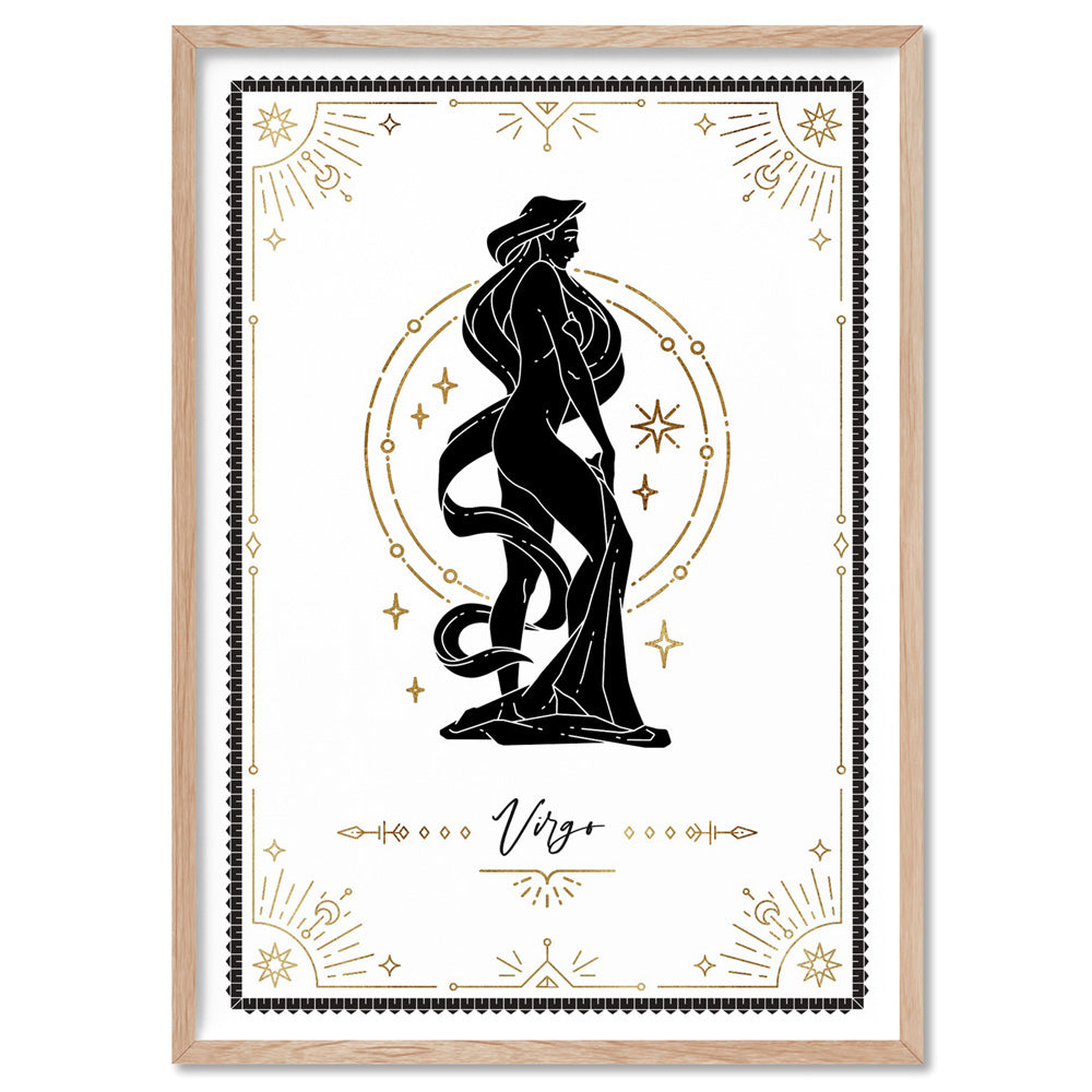 Virgo Star Sign | Tarot Card Style (faux look foil) - Art Print, Poster, Stretched Canvas, or Framed Wall Art Print, shown in a natural timber frame