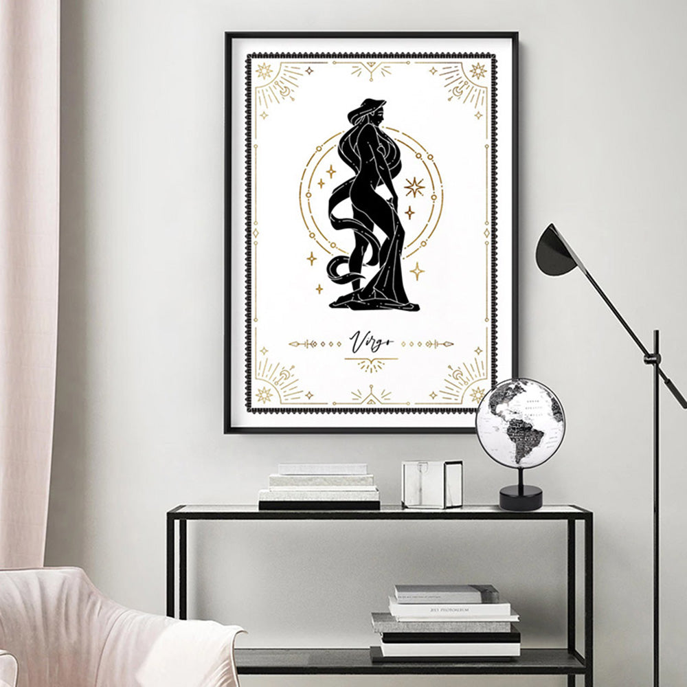 Virgo Star Sign | Tarot Card Style (faux look foil) - Art Print, Poster, Stretched Canvas or Framed Wall Art Prints, shown framed in a room