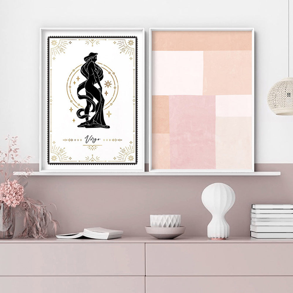 Virgo Star Sign | Tarot Card Style (faux look foil) - Art Print, Poster, Stretched Canvas or Framed Wall Art, shown framed in a home interior space
