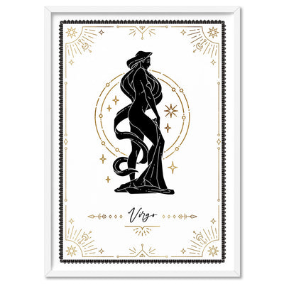 Virgo Star Sign | Tarot Card Style (faux look foil) - Art Print, Poster, Stretched Canvas, or Framed Wall Art Print, shown in a white frame
