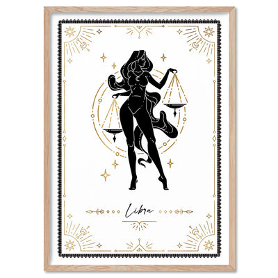 Libra Star Sign | Tarot Card Style (faux look foil) - Art Print, Poster, Stretched Canvas, or Framed Wall Art Print, shown in a natural timber frame