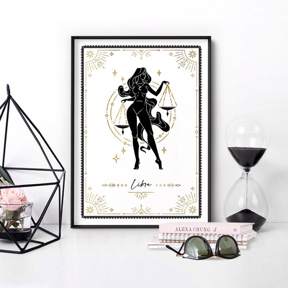 Libra Star Sign | Tarot Card Style (faux look foil) - Art Print, Poster, Stretched Canvas or Framed Wall Art Prints, shown framed in a room