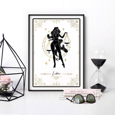 Libra Star Sign | Tarot Card Style (faux look foil) - Art Print, Poster, Stretched Canvas or Framed Wall Art Prints, shown framed in a room