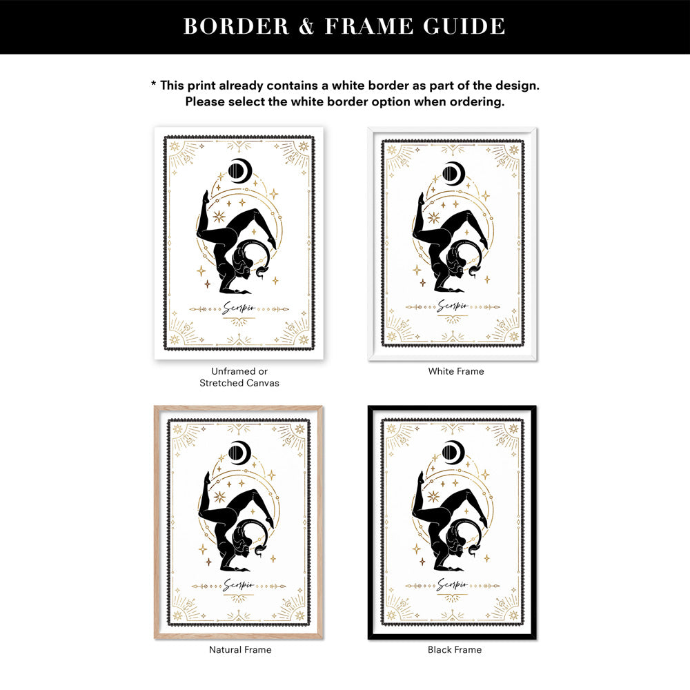 Scorpio Star Sign | Tarot Card Style (faux look foil) - Art Print, Poster, Stretched Canvas or Framed Wall Art, Showing White , Black, Natural Frame Colours, No Frame (Unframed) or Stretched Canvas, and With or Without White Borders