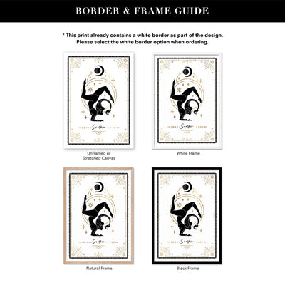 Scorpio Star Sign | Tarot Card Style (faux look foil) - Art Print, Poster, Stretched Canvas or Framed Wall Art, Showing White , Black, Natural Frame Colours, No Frame (Unframed) or Stretched Canvas, and With or Without White Borders