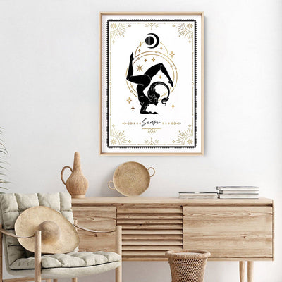 Scorpio Star Sign | Tarot Card Style (faux look foil) - Art Print, Poster, Stretched Canvas or Framed Wall Art Prints, shown framed in a room