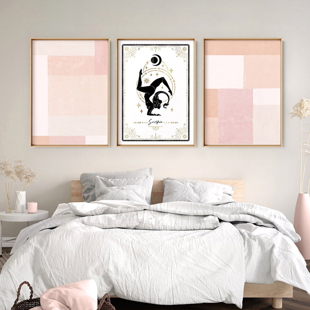 Scorpio Star Sign | Tarot Card Style (faux look foil) - Art Print, Poster, Stretched Canvas or Framed Wall Art, shown framed in a home interior space