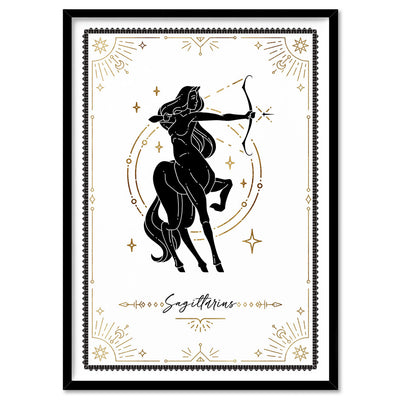 Sagittarius Star Sign | Tarot Card Style (faux look foil) - Art Print, Poster, Stretched Canvas, or Framed Wall Art Print, shown in a black frame