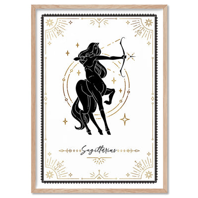 Sagittarius Star Sign | Tarot Card Style (faux look foil) - Art Print, Poster, Stretched Canvas, or Framed Wall Art Print, shown in a natural timber frame