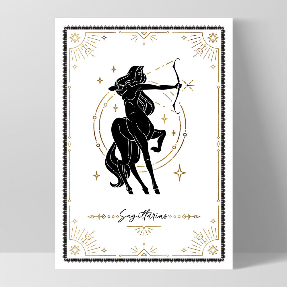 Sagittarius Star Sign | Tarot Card Style (faux look foil) - Art Print, Poster, Stretched Canvas, or Framed Wall Art Print, shown as a stretched canvas or poster without a frame