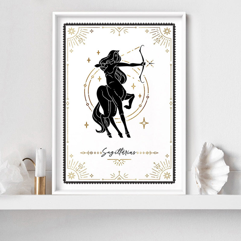 Sagittarius Star Sign | Tarot Card Style (faux look foil) - Art Print, Poster, Stretched Canvas or Framed Wall Art Prints, shown framed in a room
