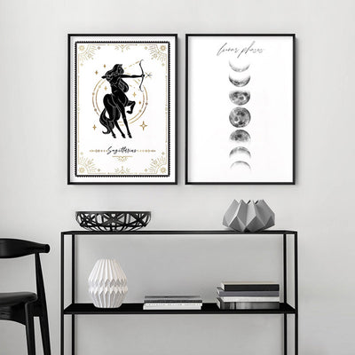 Sagittarius Star Sign | Tarot Card Style (faux look foil) - Art Print, Poster, Stretched Canvas or Framed Wall Art, shown framed in a home interior space