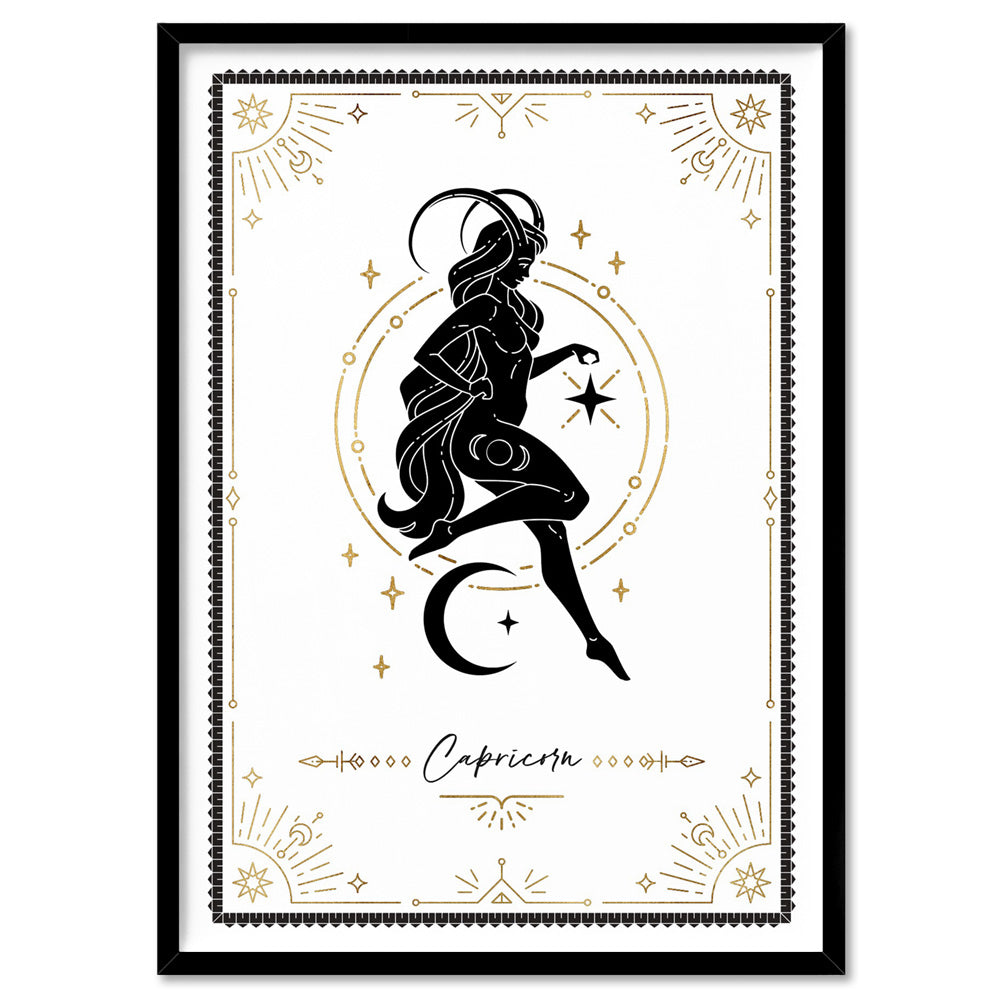 Capricorn Star Sign | Tarot Card Style (faux look foil) - Art Print, Poster, Stretched Canvas, or Framed Wall Art Print, shown in a black frame