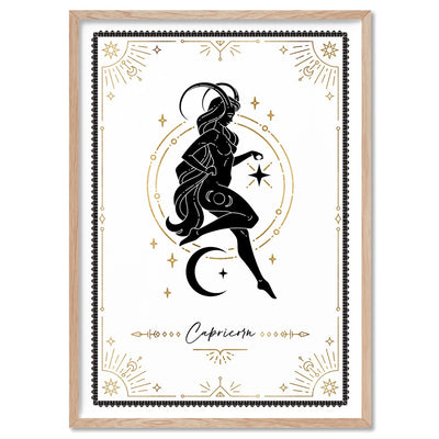 Capricorn Star Sign | Tarot Card Style (faux look foil) - Art Print, Poster, Stretched Canvas, or Framed Wall Art Print, shown in a natural timber frame