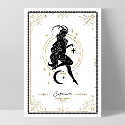 Capricorn Star Sign | Tarot Card Style (faux look foil) - Art Print, Poster, Stretched Canvas, or Framed Wall Art Print, shown as a stretched canvas or poster without a frame