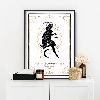 Capricorn Star Sign | Tarot Card Style (faux look foil) - Art Print, Poster, Stretched Canvas or Framed Wall Art Prints, shown framed in a room
