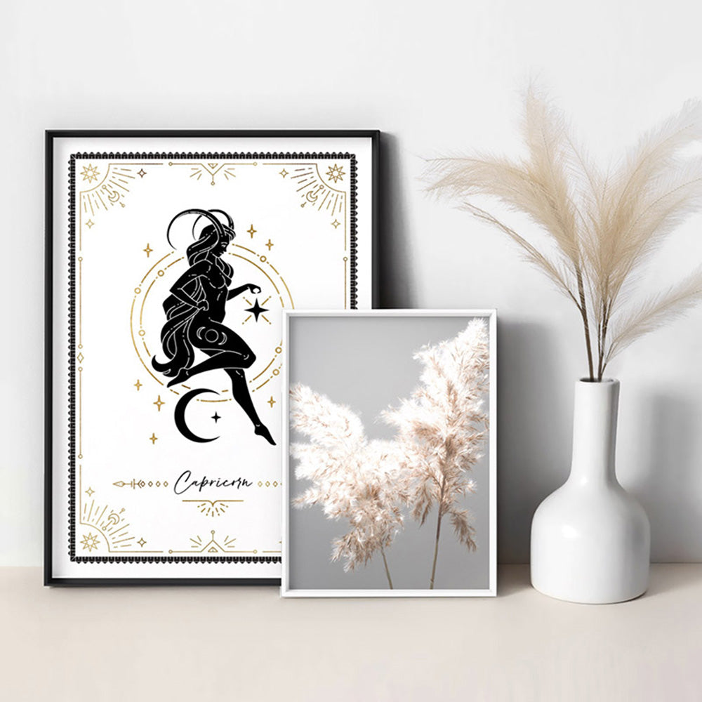 Capricorn Star Sign | Tarot Card Style (faux look foil) - Art Print, Poster, Stretched Canvas or Framed Wall Art, shown framed in a home interior space