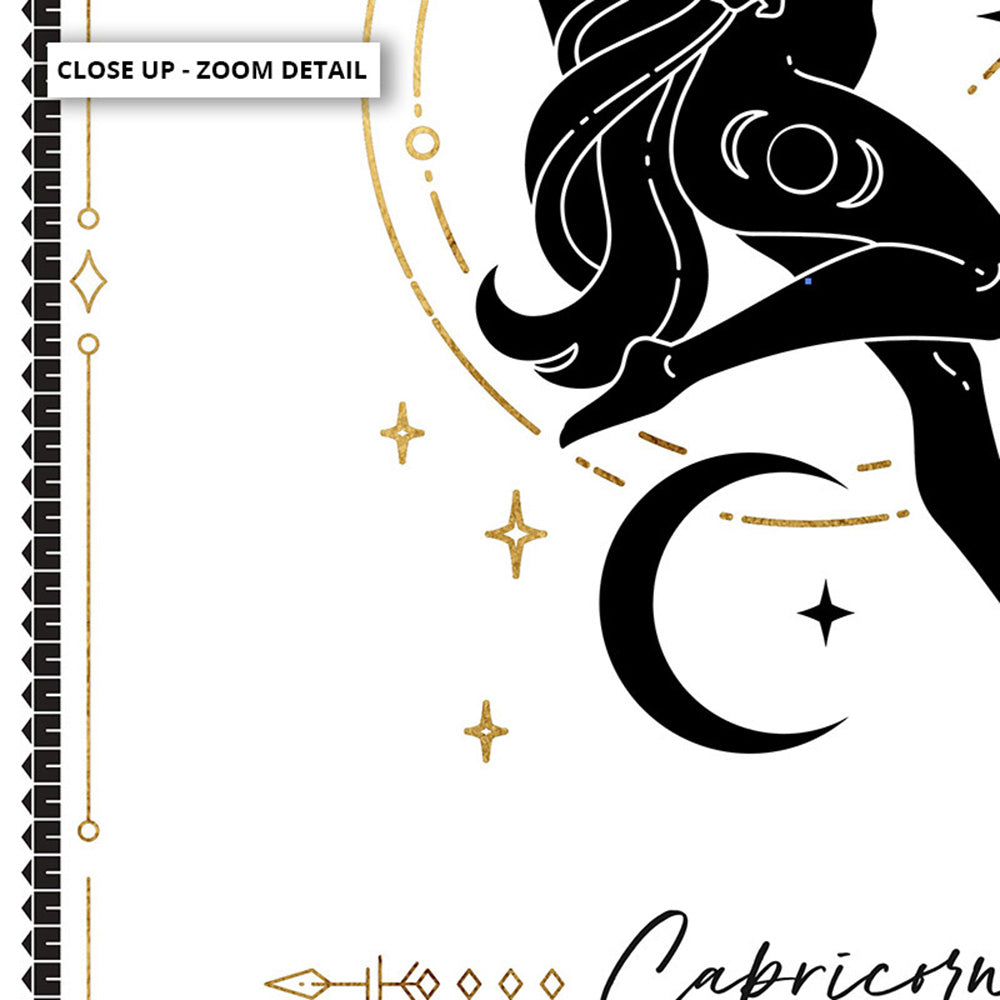 Capricorn Star Sign | Tarot Card Style (faux look foil) - Art Print, Poster, Stretched Canvas or Framed Wall Art, Close up View of Print Resolution