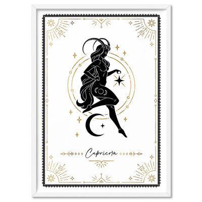 Capricorn Star Sign | Tarot Card Style (faux look foil) - Art Print, Poster, Stretched Canvas, or Framed Wall Art Print, shown in a white frame