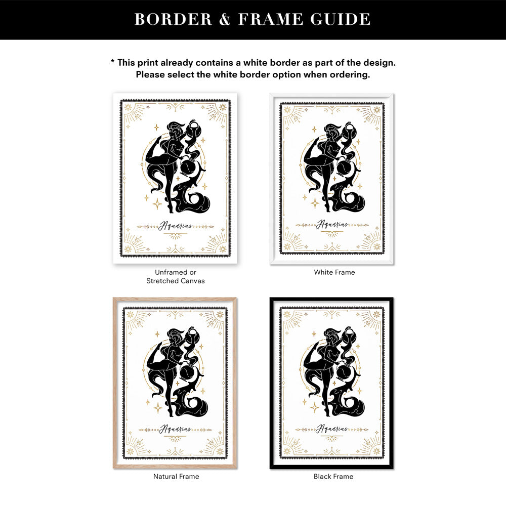 Aquarius Star Sign | Tarot Card Style (faux look foil) - Art Print, Poster, Stretched Canvas or Framed Wall Art, Showing White , Black, Natural Frame Colours, No Frame (Unframed) or Stretched Canvas, and With or Without White Borders