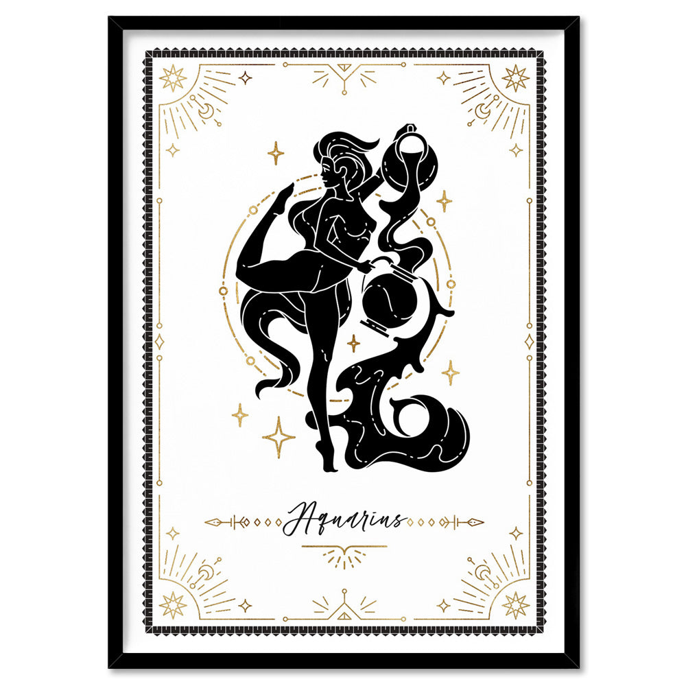 Aquarius Star Sign | Tarot Card Style (faux look foil) - Art Print, Poster, Stretched Canvas, or Framed Wall Art Print, shown in a black frame