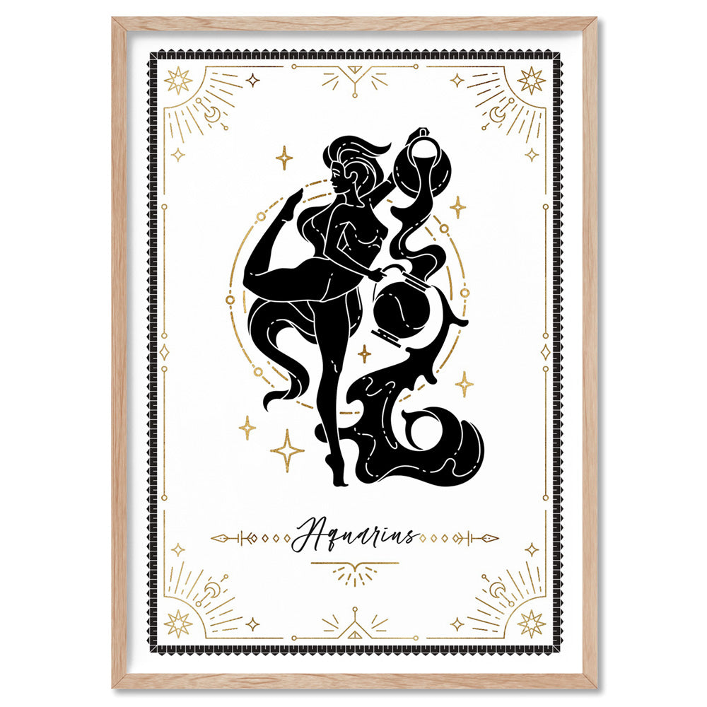 Aquarius Star Sign | Tarot Card Style (faux look foil) - Art Print, Poster, Stretched Canvas, or Framed Wall Art Print, shown in a natural timber frame