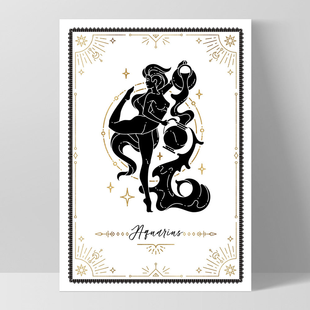 Aquarius Star Sign | Tarot Card Style (faux look foil) - Art Print, Poster, Stretched Canvas, or Framed Wall Art Print, shown as a stretched canvas or poster without a frame