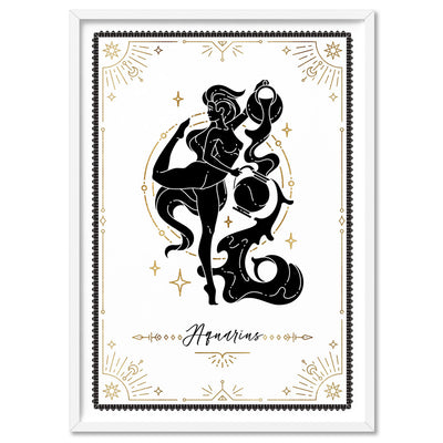 Aquarius Star Sign | Tarot Card Style (faux look foil) - Art Print, Poster, Stretched Canvas, or Framed Wall Art Print, shown in a white frame