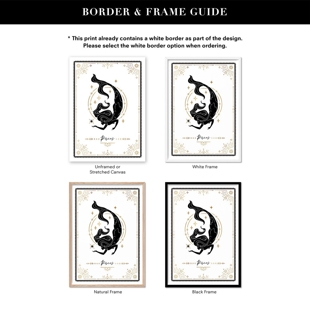 Pisces Star Sign | Tarot Card Style (faux look foil) - Art Print, Poster, Stretched Canvas or Framed Wall Art, Showing White , Black, Natural Frame Colours, No Frame (Unframed) or Stretched Canvas, and With or Without White Borders