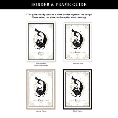 Pisces Star Sign | Tarot Card Style (faux look foil) - Art Print, Poster, Stretched Canvas or Framed Wall Art, Showing White , Black, Natural Frame Colours, No Frame (Unframed) or Stretched Canvas, and With or Without White Borders