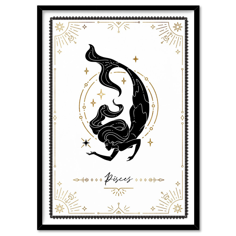 Pisces Star Sign | Tarot Card Style (faux look foil) - Art Print, Poster, Stretched Canvas, or Framed Wall Art Print, shown in a black frame