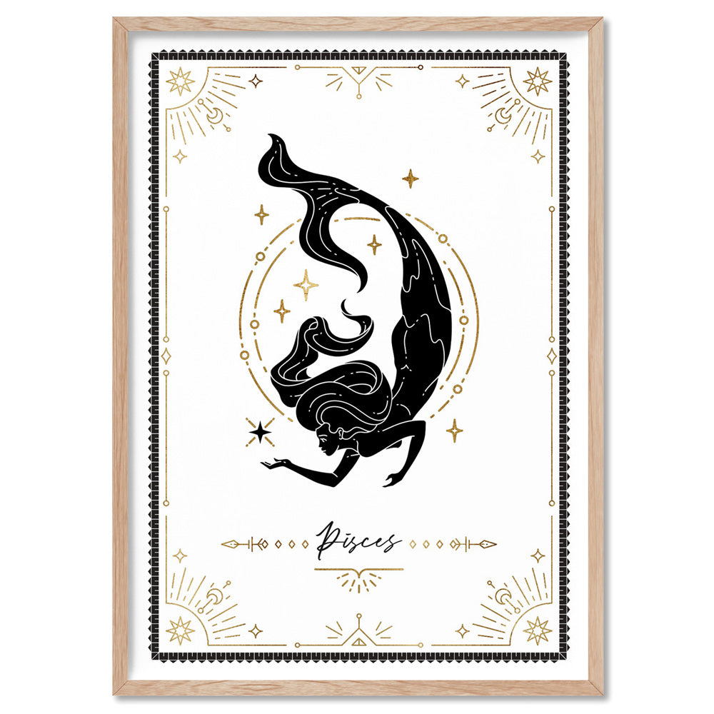 Pisces Star Sign | Tarot Card Style (faux look foil) - Art Print, Poster, Stretched Canvas, or Framed Wall Art Print, shown in a natural timber frame