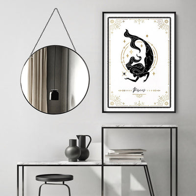 Pisces Star Sign | Tarot Card Style (faux look foil) - Art Print, Poster, Stretched Canvas or Framed Wall Art Prints, shown framed in a room