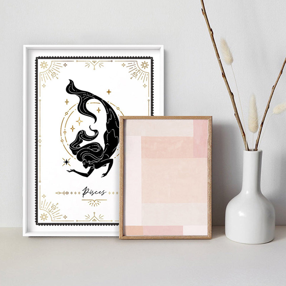 Pisces Star Sign | Tarot Card Style (faux look foil) - Art Print, Poster, Stretched Canvas or Framed Wall Art, shown framed in a home interior space