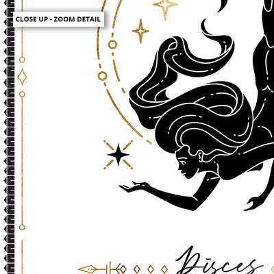 Pisces Star Sign | Tarot Card Style (faux look foil) - Art Print, Poster, Stretched Canvas or Framed Wall Art, Close up View of Print Resolution