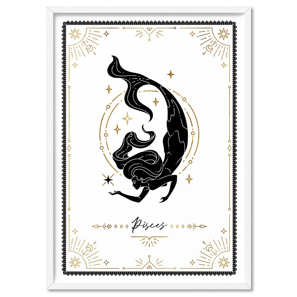 Pisces Star Sign | Tarot Card Style (faux look foil) - Art Print, Poster, Stretched Canvas, or Framed Wall Art Print, shown in a white frame