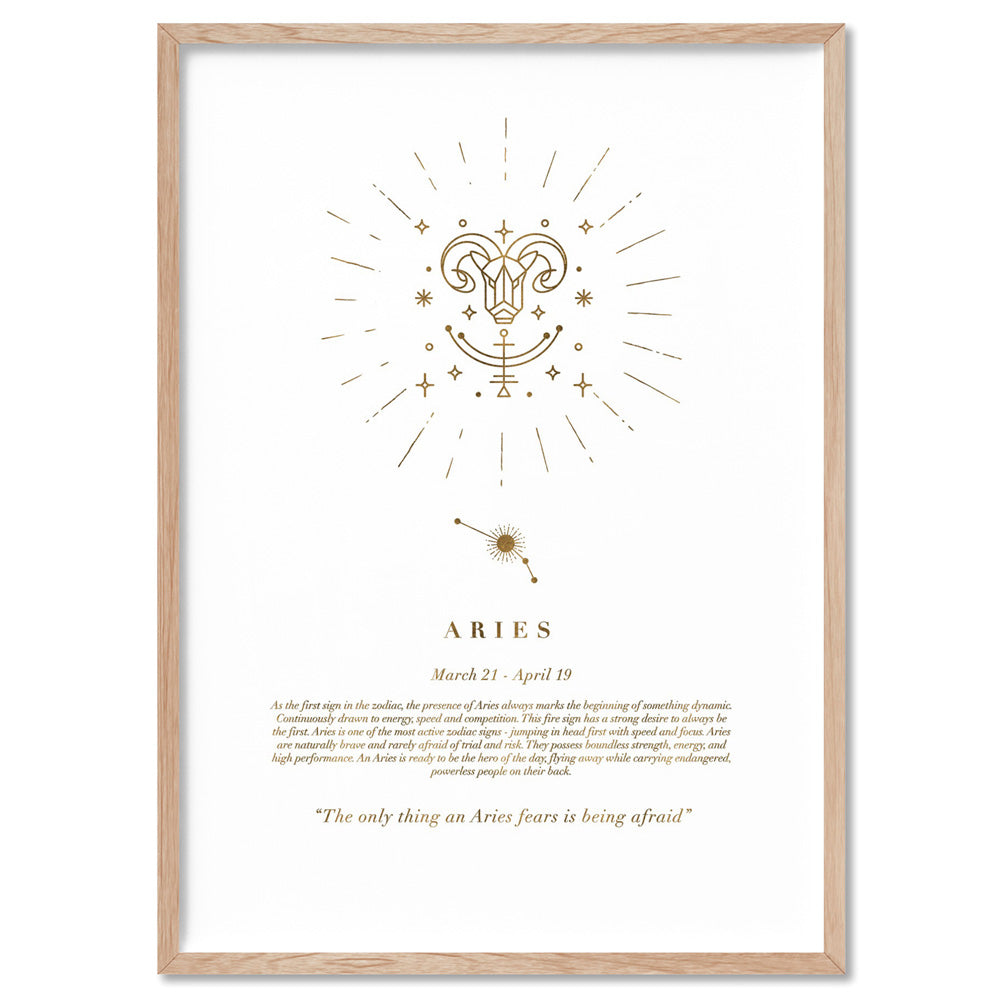 Aries Star Sign | Celestial Boho (faux look foil) - Art Print, Poster, Stretched Canvas, or Framed Wall Art Print, shown in a natural timber frame