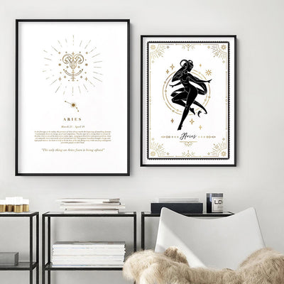 Aries Star Sign | Celestial Boho (faux look foil) - Art Print, Poster, Stretched Canvas or Framed Wall Art, shown framed in a home interior space