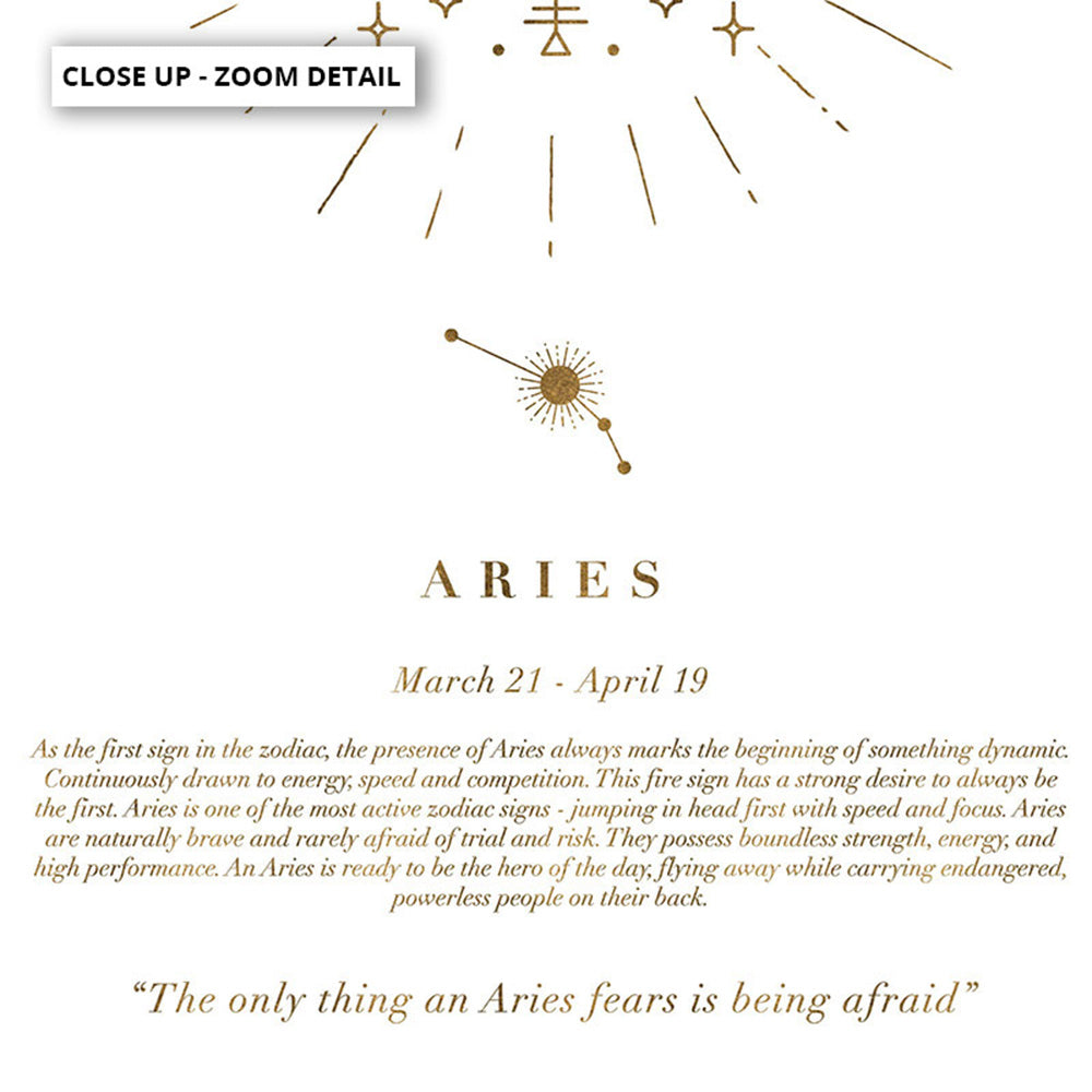 Aries Star Sign | Celestial Boho (faux look foil) - Art Print, Poster, Stretched Canvas or Framed Wall Art, Close up View of Print Resolution
